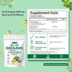 Serenzza Oil of Oregano 300 softgels with black seed oil, 6000mg oregano oil strength, displayed in a bottle with softgel capsules.