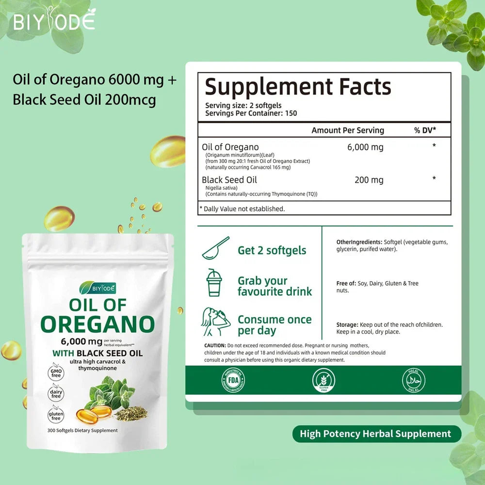 Serenzza Oil of Oregano 300 softgels with black seed oil, 6000mg oregano oil strength, displayed in a bottle with softgel capsules.