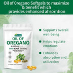 Serenzza Oil of Oregano 300 softgels with black seed oil, 6000mg oregano oil strength, displayed in a clear bottle with green label.