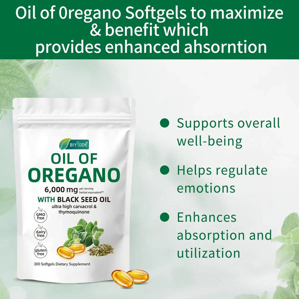 Serenzza Oil of Oregano 300 softgels with black seed oil, 6000mg oregano oil strength, displayed in a clear bottle with green label.