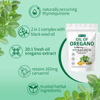 Serenzza Oil of Oregano 300 softgels with black seed oil, 6000mg oregano oil strength, in a clear bottle with softgel capsules.