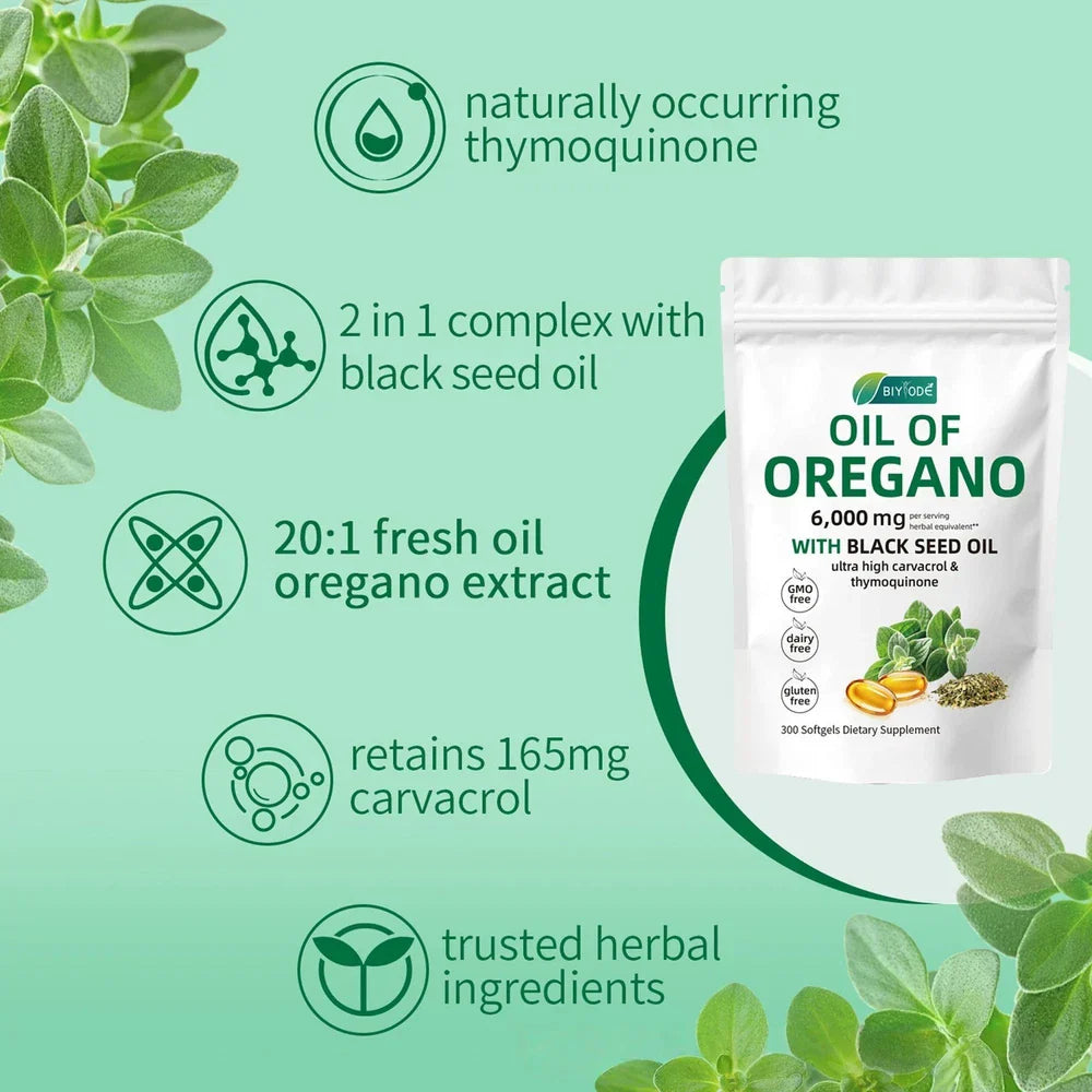 Serenzza Oil of Oregano 300 softgels with black seed oil, 6000mg oregano oil strength, in a clear bottle with softgel capsules.