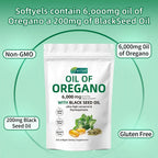 Serenazza Oil of Oregano 300 softgels with black seed oil, showing the softgel capsules and product packaging.