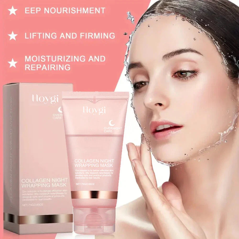 Serenza collagen overnight peel-off facial mask for skin renewal and deep hydration, shown in a sleek black applicator.