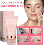 Serenzza collagen overnight peel-off facial mask for skin renewal and deep hydration, showing the mask applied on a woman's face.