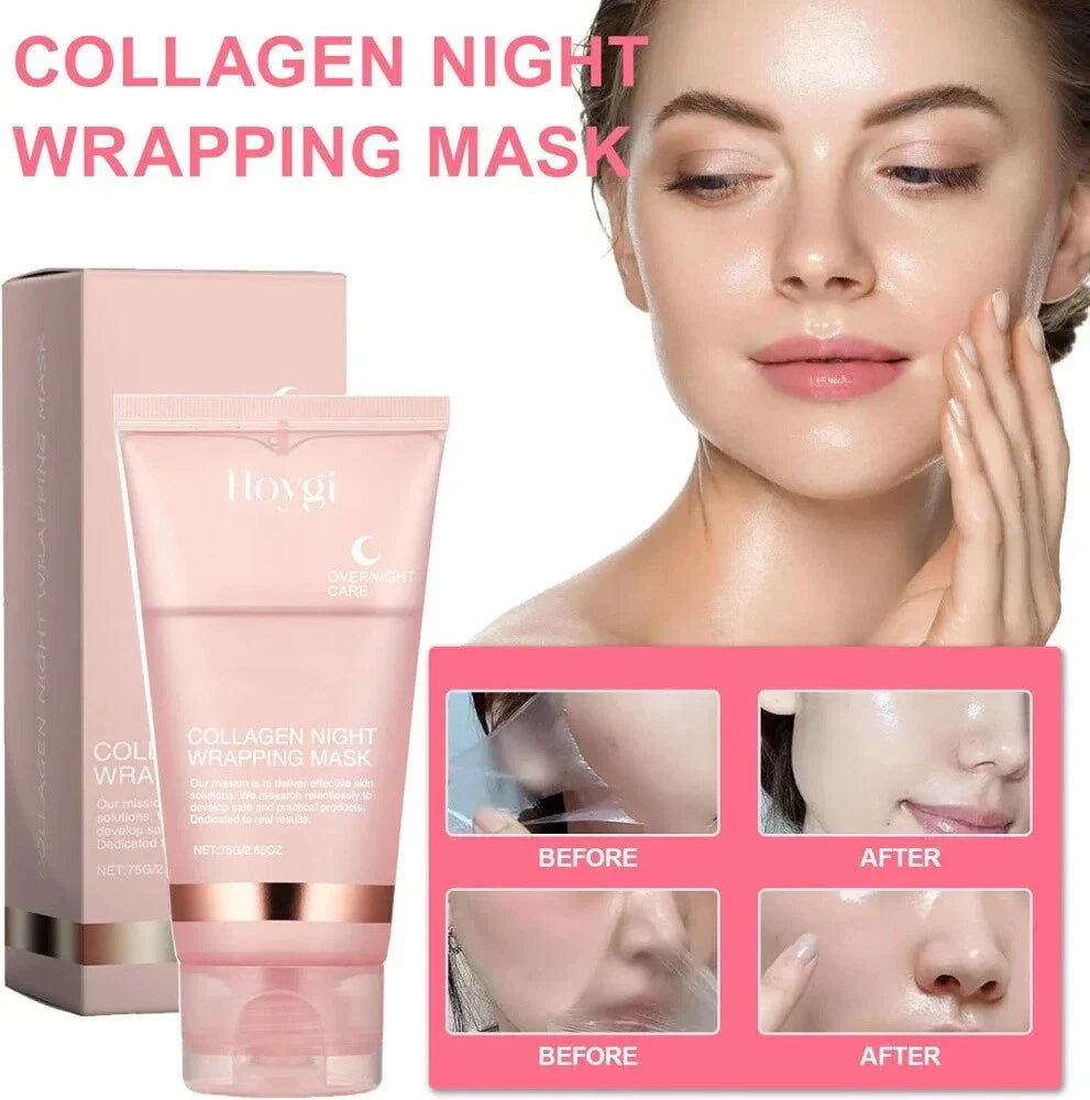 Serenzza collagen overnight peel-off facial mask for skin renewal and deep hydration, showing the mask applied on a woman's face.
