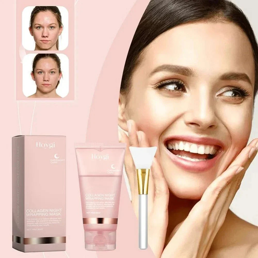 Serenza Collagen Overnight Peel-Off Facial Mask showing a clear, hydrating mask with collagen for skin renewal and deep hydration.