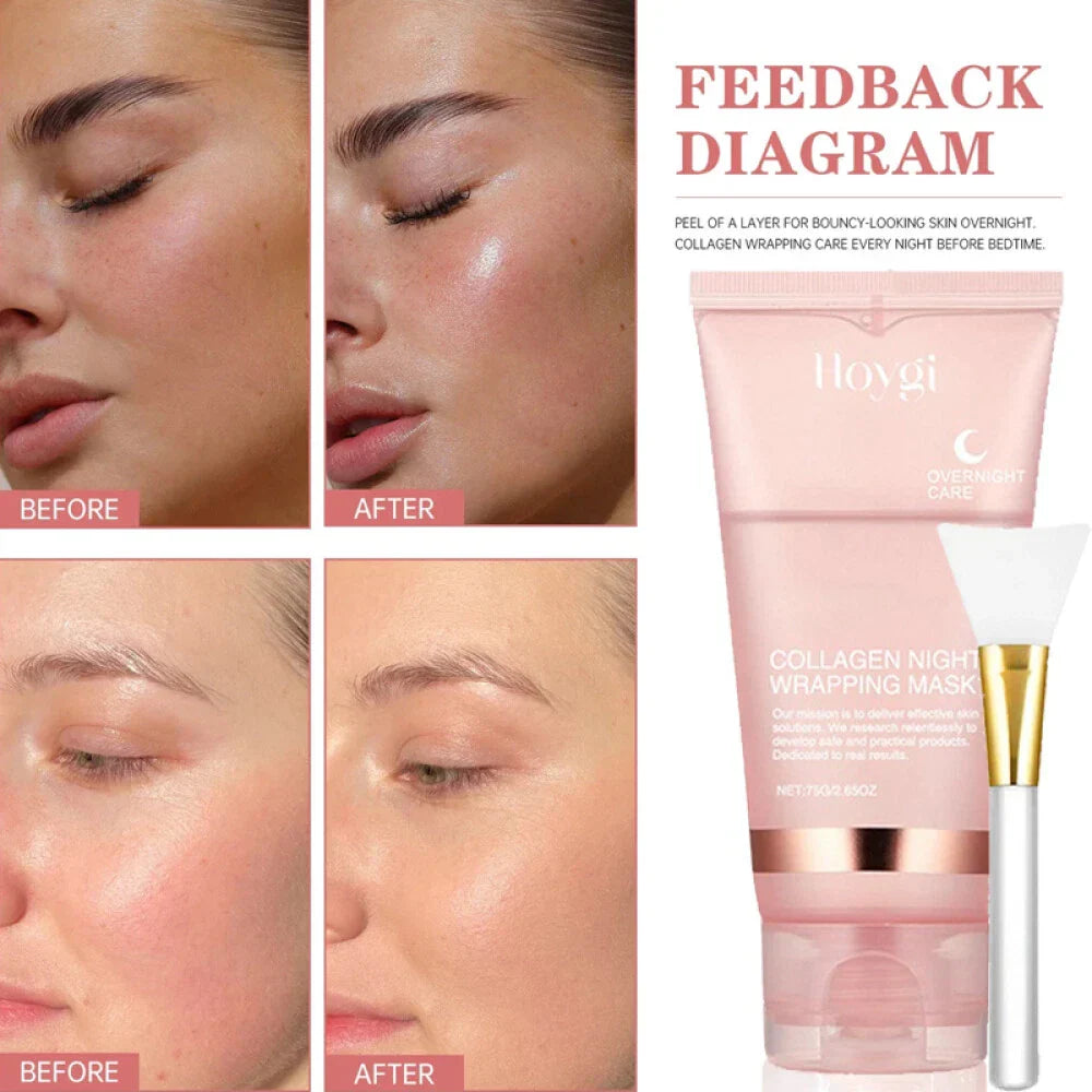 Serenzza collagen overnight peel-off facial mask showing a clear gel mask with floral accents for skin renewal and deep hydration.