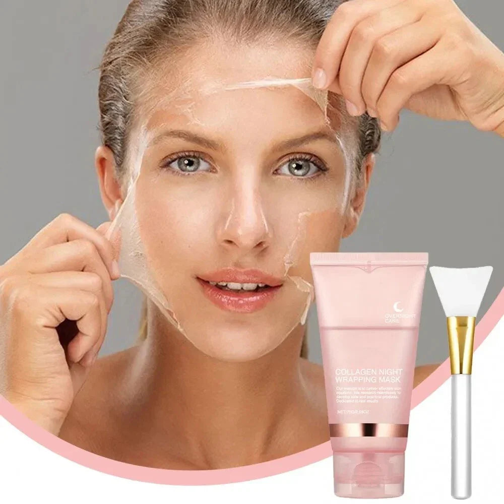 Serenzza collagen overnight peel-off facial mask with deep hydration and skin renewal, showing a clear gel mask applied to facial skin.