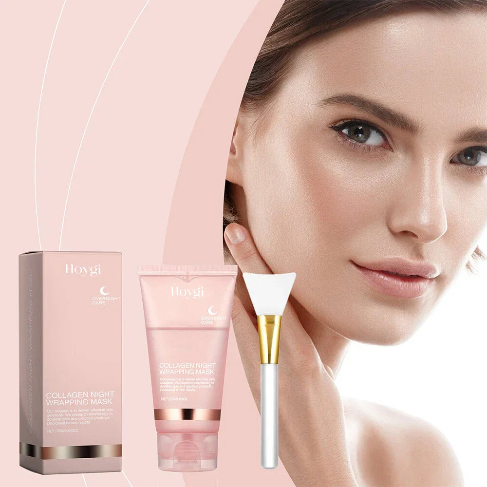 Serenzza collagen overnight peel-off facial mask for skin renewal and deep hydration, shown with the mask applied on a woman's face.