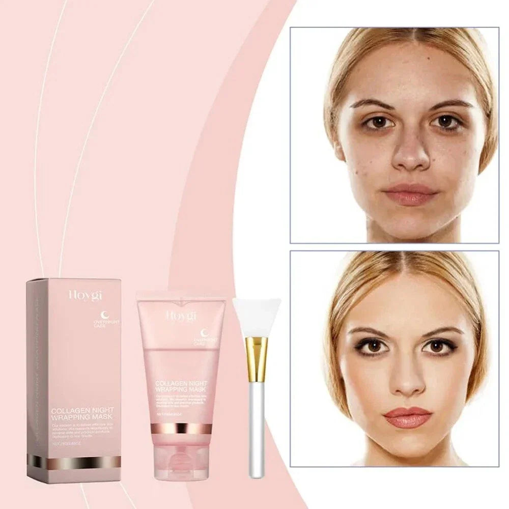 Serenzza Collagen Overnight Peel-Off Facial Mask for skin renewal and deep hydration, showing the mask being peeled off from the face.