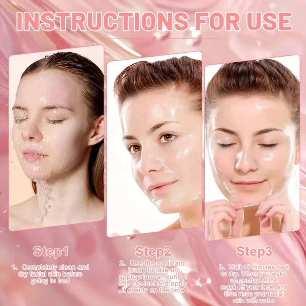Serenza Collagen Overnight Peel-Off Facial Mask showing a clear gel mask with collagen and skin renewal ingredients.