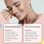 Serenza Collagen Overnight Peel-Off Facial Mask with deep hydration and skin renewal, shown with the mask applied on a woman's face.