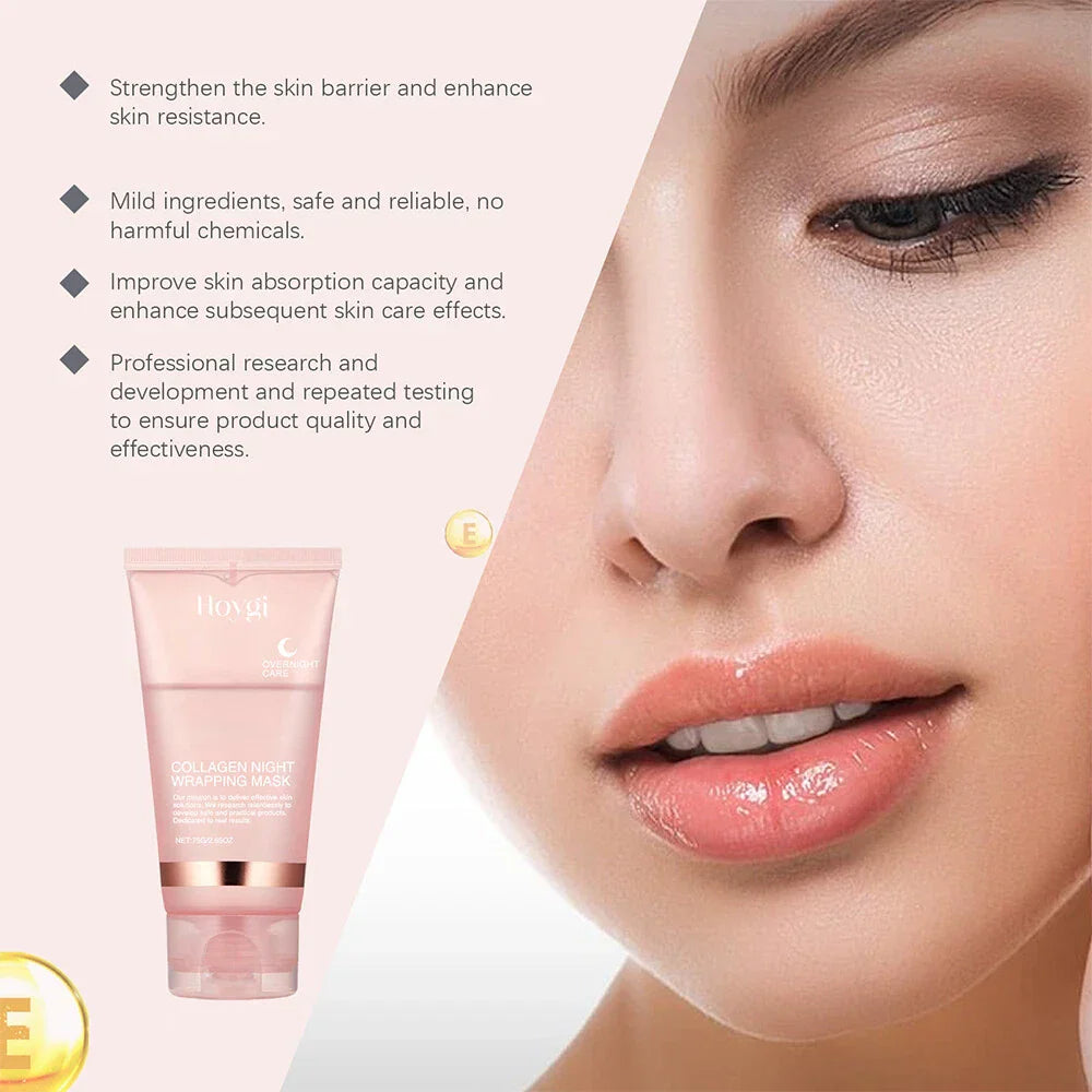 Serenzza collagen overnight peel-off facial mask showing a clear, smooth mask applied on a woman's face for skin renewal and hydration.
