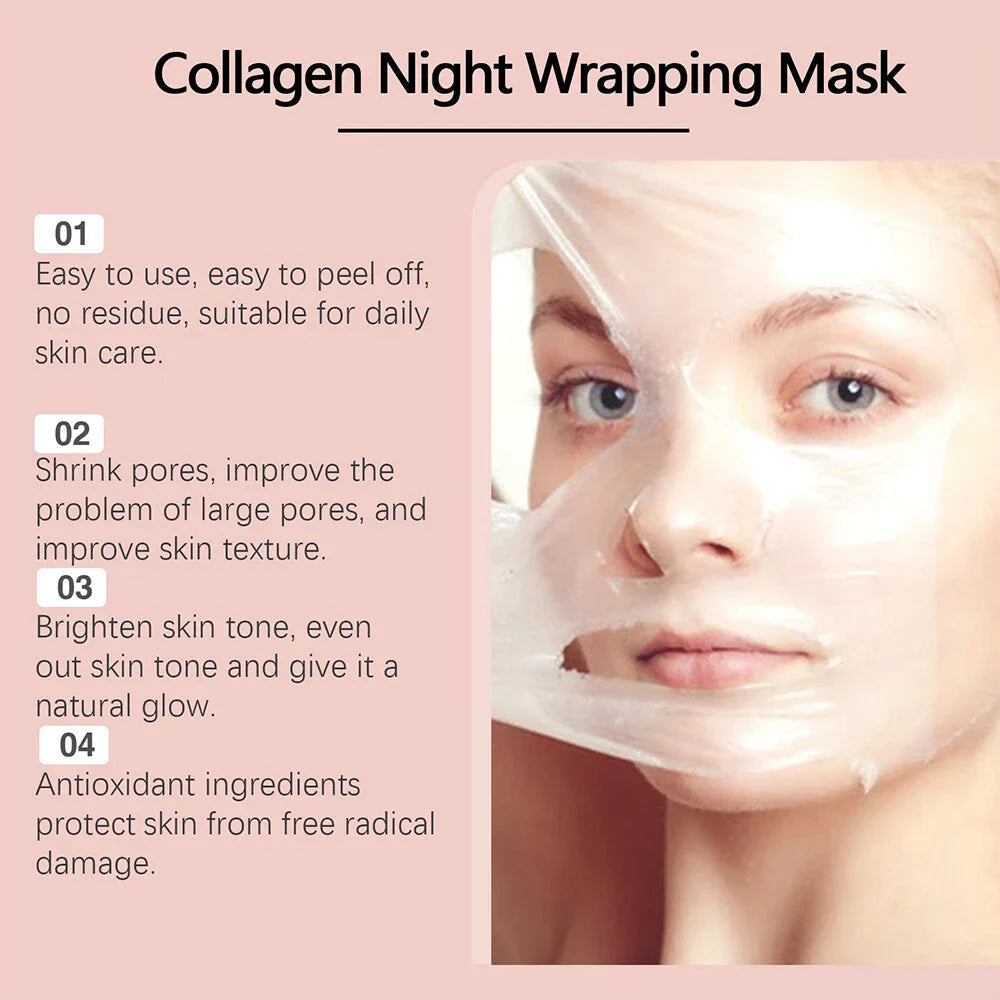 Serenzza Collagen Overnight Peel-Off Facial Mask for skin renewal and deep hydration, shown in a sleek black container.