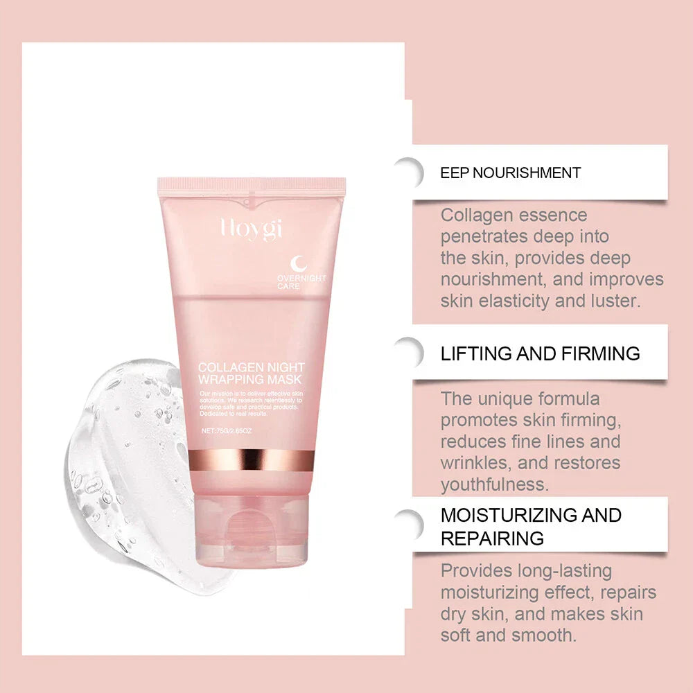 Serenza collagen overnight peel-off facial mask for skin renewal and deep hydration, showing the mask being peeled off from the face.