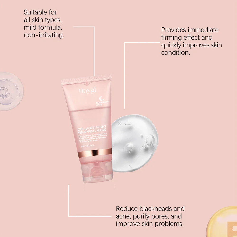 Serenzza collagen overnight peel-off facial mask for skin renewal and deep hydration, showing the mask applied on a person's face.