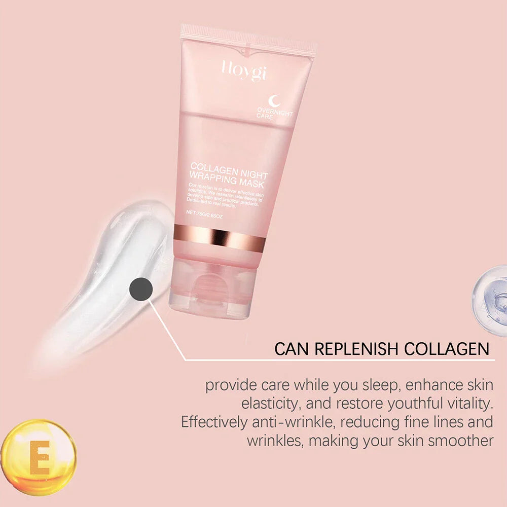 Serenzza collagen overnight peel-off facial mask for skin renewal and deep hydration, shown in a sleek jar with a spatula.