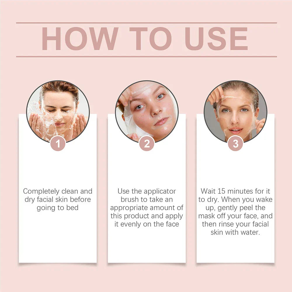 Serenzza Collagen Overnight Peel-Off Facial Mask showing a clear, gel-like mask with a smooth texture for skin renewal and hydration.