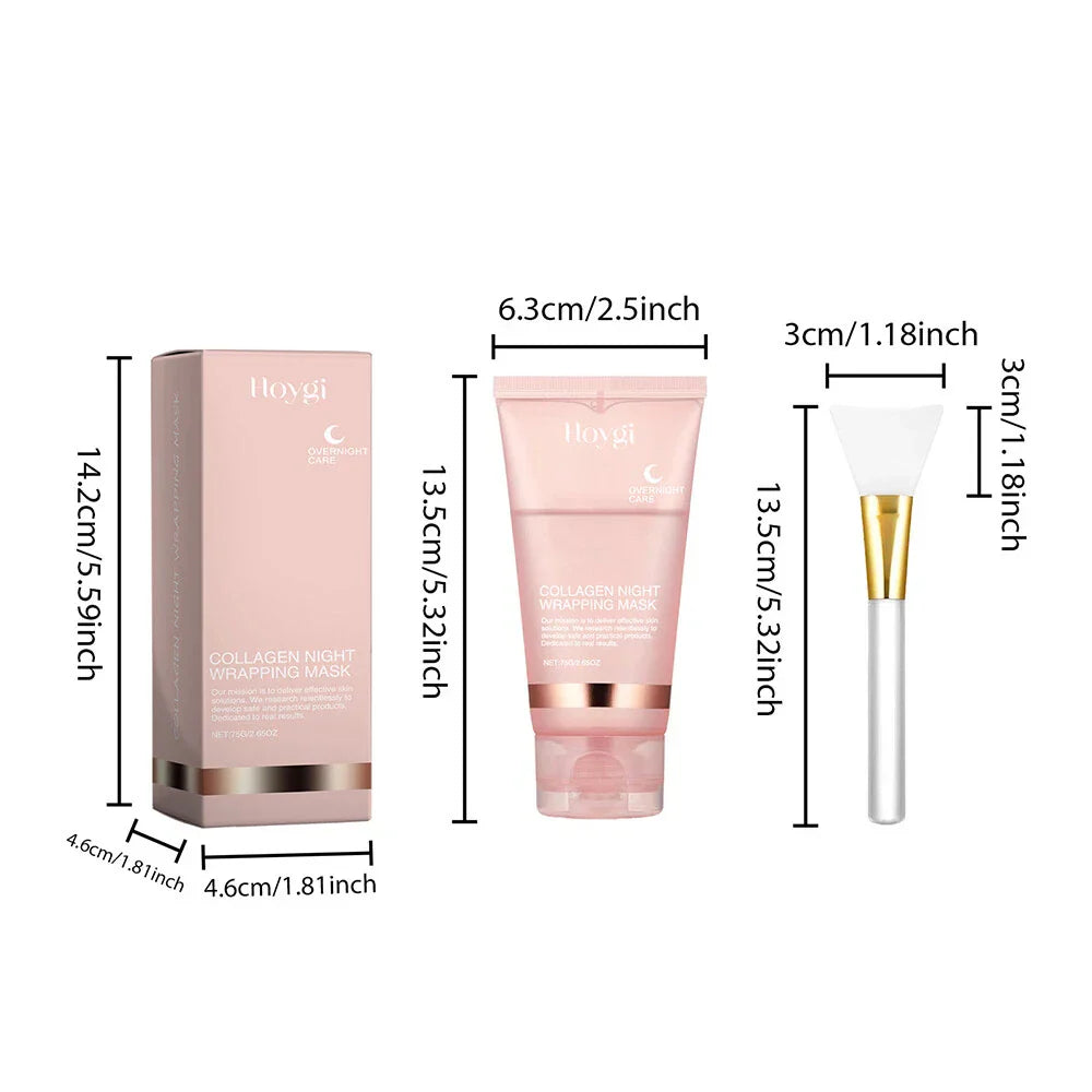 Serenzza collagen overnight peel-off facial mask showing a clear, smooth mask applied to a person's face for skin renewal and hydration