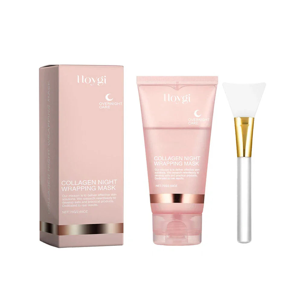 Serenzza collagen overnight peel-off facial mask with deep hydration and skin renewal, showing the mask applied on a face.
