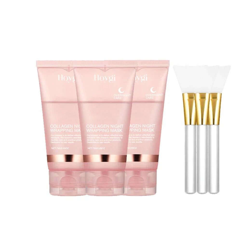 Serenzza Collagen Overnight Peel-Off Facial Mask showing a clear mask with collagen and hydration ingredients, ready for skin renewal.