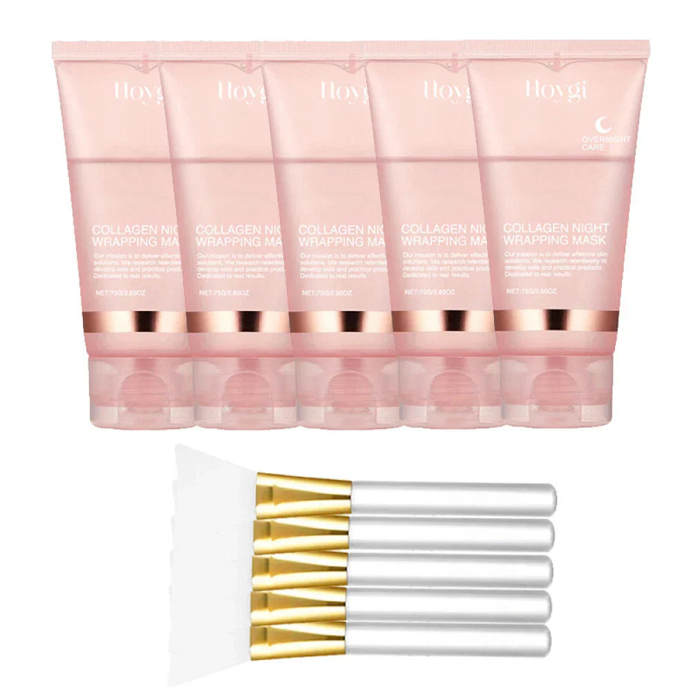 Serenzza collagen overnight peel-off facial mask for skin renewal and deep hydration, shown in a sleek jar with the mask applied