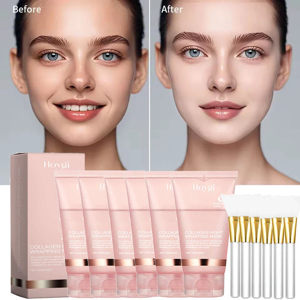 Serenzza collagen overnight peel-off facial mask for skin renewal and deep hydration, showing the mask applied on a woman's face.