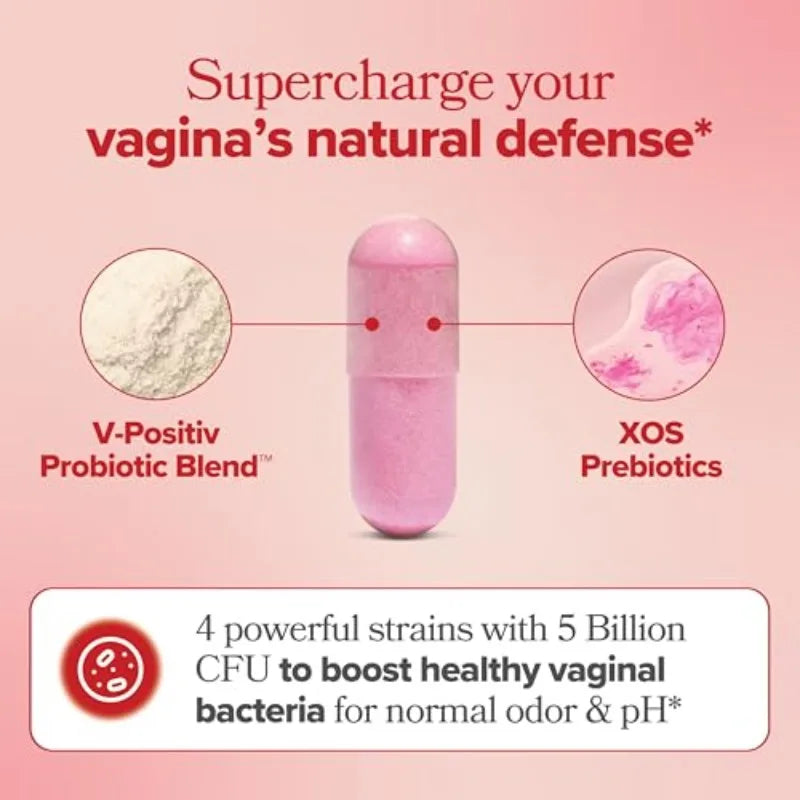 Serenza women's probiotic capsules with Lactobacillus and XOS prebiotics for gut health and pH balance, shown in the image.