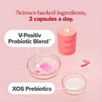 Serenzza Women's probiotic capsules with Lactobacillus and XOS prebiotics for gut health and pH balance, featuring a bottle with capsules.