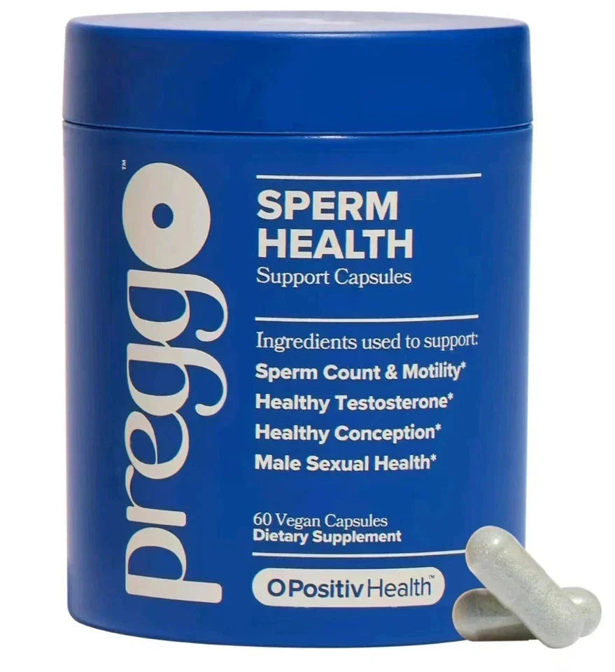 Serenzza Preggo Sperm Health Capsules for Men, 60 vegan capsules, showing the supplement bottle and capsules on a white background.