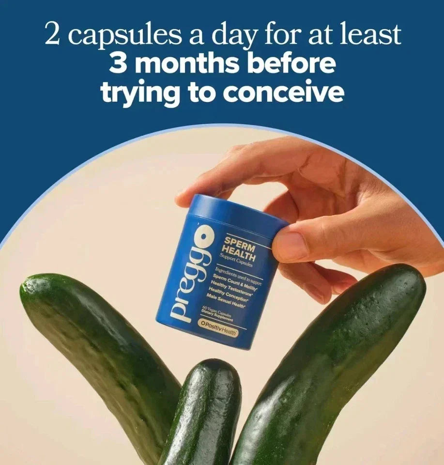 Serenza Preggo Sperm Health Capsules for Men, 60 vegan capsules, showing the bottle and capsule close-up for sperm count and motility.