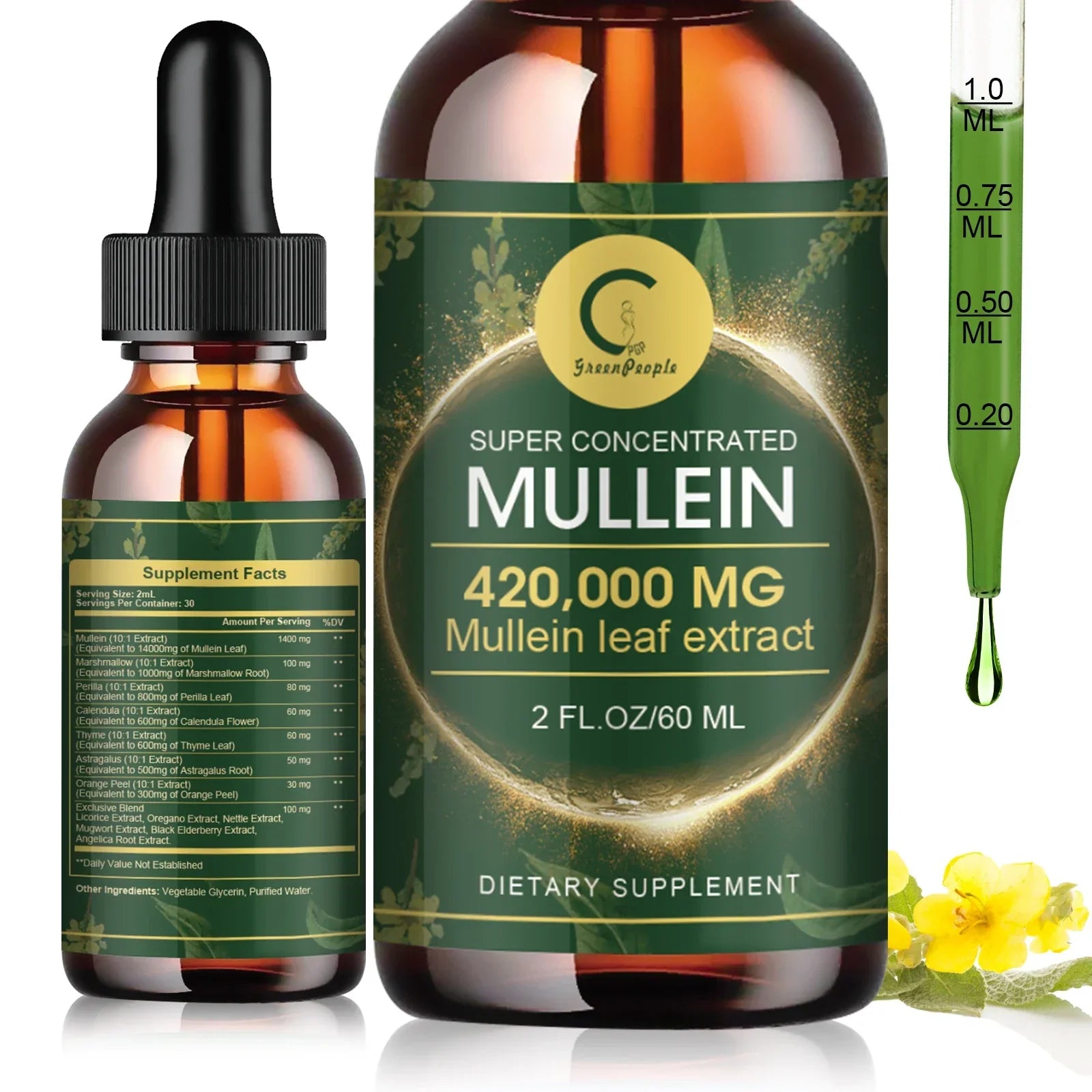 Serenzza Mullein Drops in a glass bottle, designed for lung cleansing and immune support with fast respiratory relief.