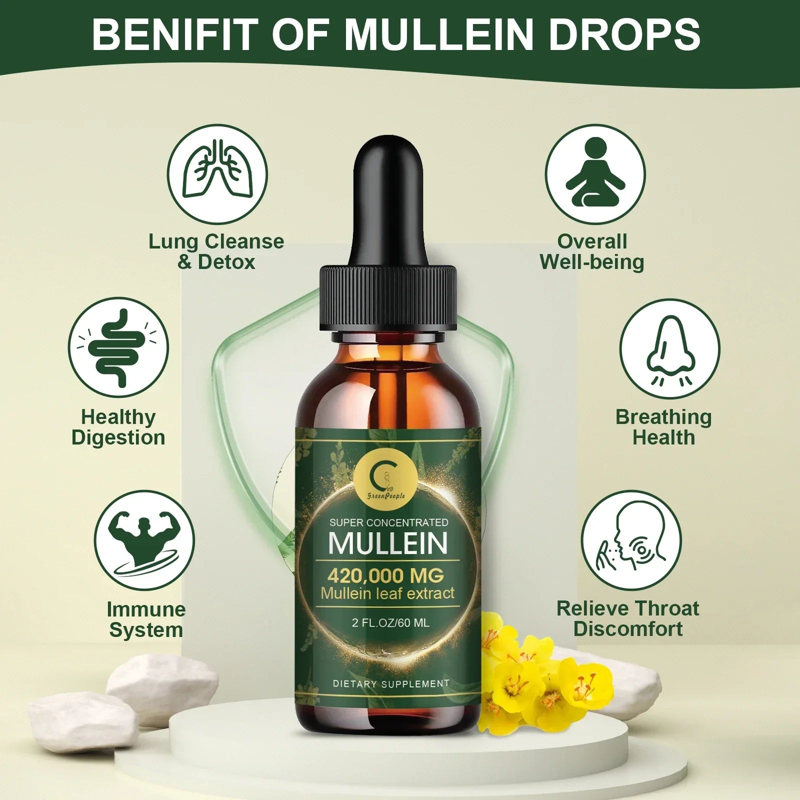 Serenzza Mullein Drops bottle for lung cleanse and immune boost, with natural herbal remedy for respiratory support.