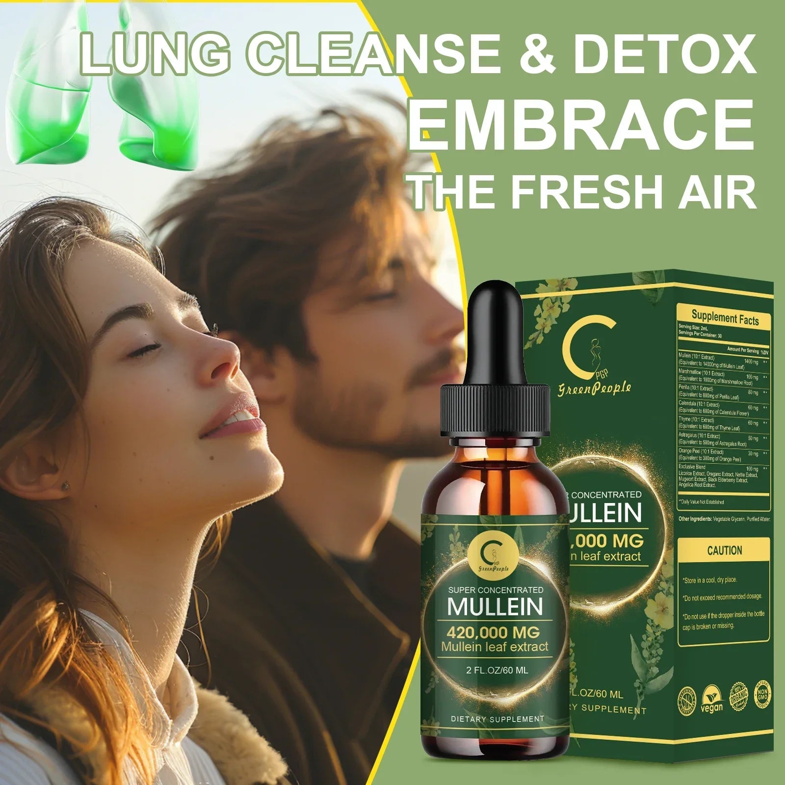Serenzza Mullein Drops bottle for lung cleanse and immune support, with natural herbal extract and dropper cap visible.