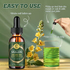 Serenzza Mullein Drops for lung cleansing and immune support, showing a small bottle with natural herbal ingredients around it.