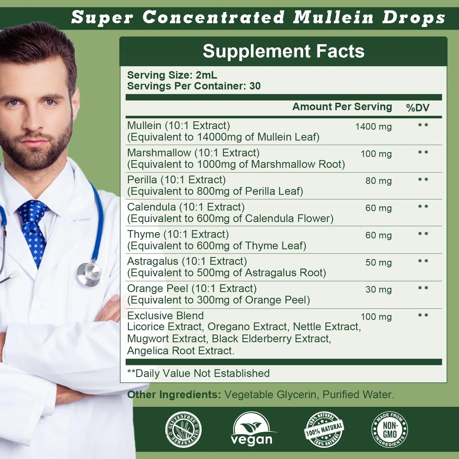 Serenzza Mullein Drops in a glass bottle, herbal supplement for lung cleanse and respiratory support with natural ingredients.