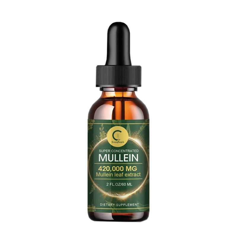 Serenzza Mullein Drops for lung cleanse and immune support, featuring a dropper bottle with herbal supplement liquid.