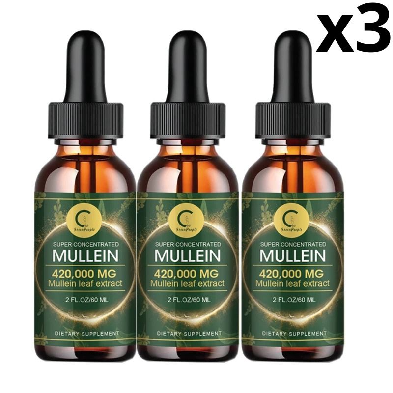 Serenzza Mullein Drops bottles for lung cleanse and immune support, featuring natural herbal liquid supplements with dropper caps.