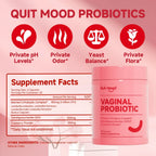 Serenzza Quitmood Queen's female-focused daily probiotic supplement bottle showing capsules for pH balance, odor control, and yeast health.