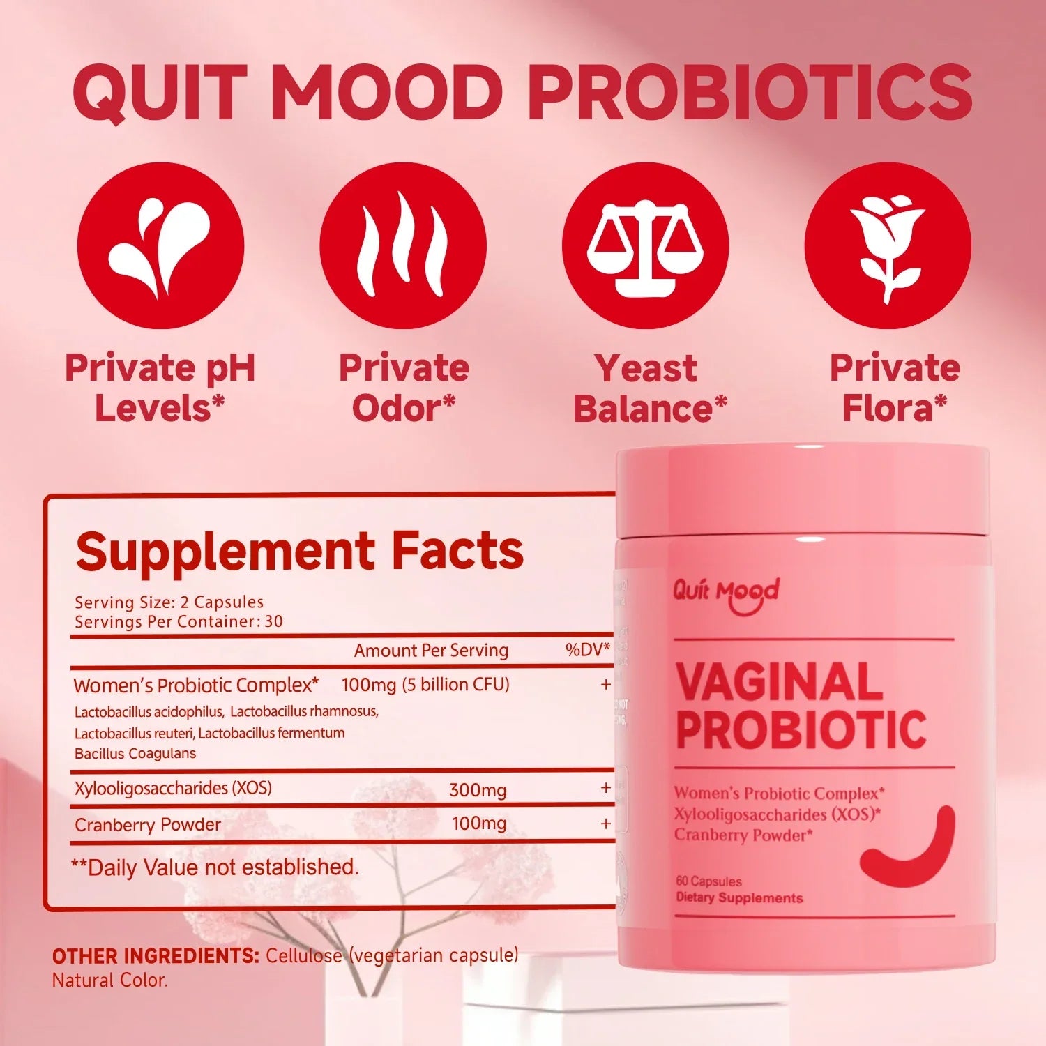 Serenzza Quitmood Queen's female-focused daily probiotic supplement bottle showing capsules for pH balance, odor control, and yeast health.