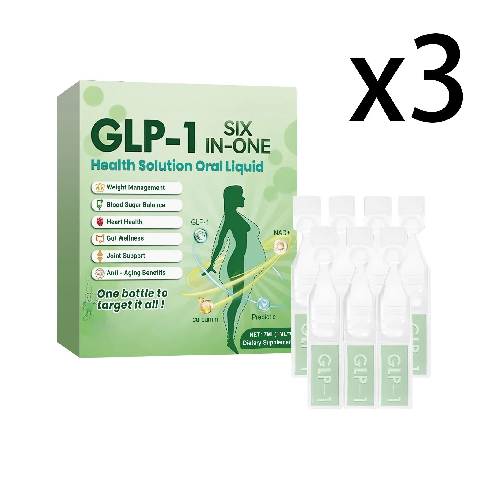 Serenza Glp-1 Moringa Diet Drops bottle with dropper, promoting metabolism and gut health in a 7x1ml pack.