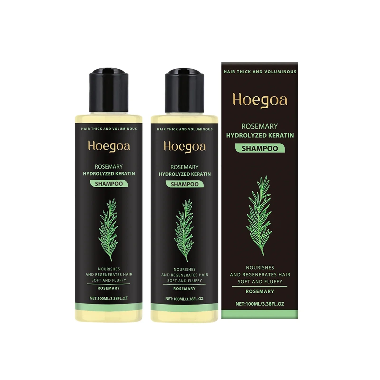 Serenzza Hoegoa Rosemary Hair Shampoo bottle with label, highlighting volumizing, thickening, and nourishing benefits for hair.