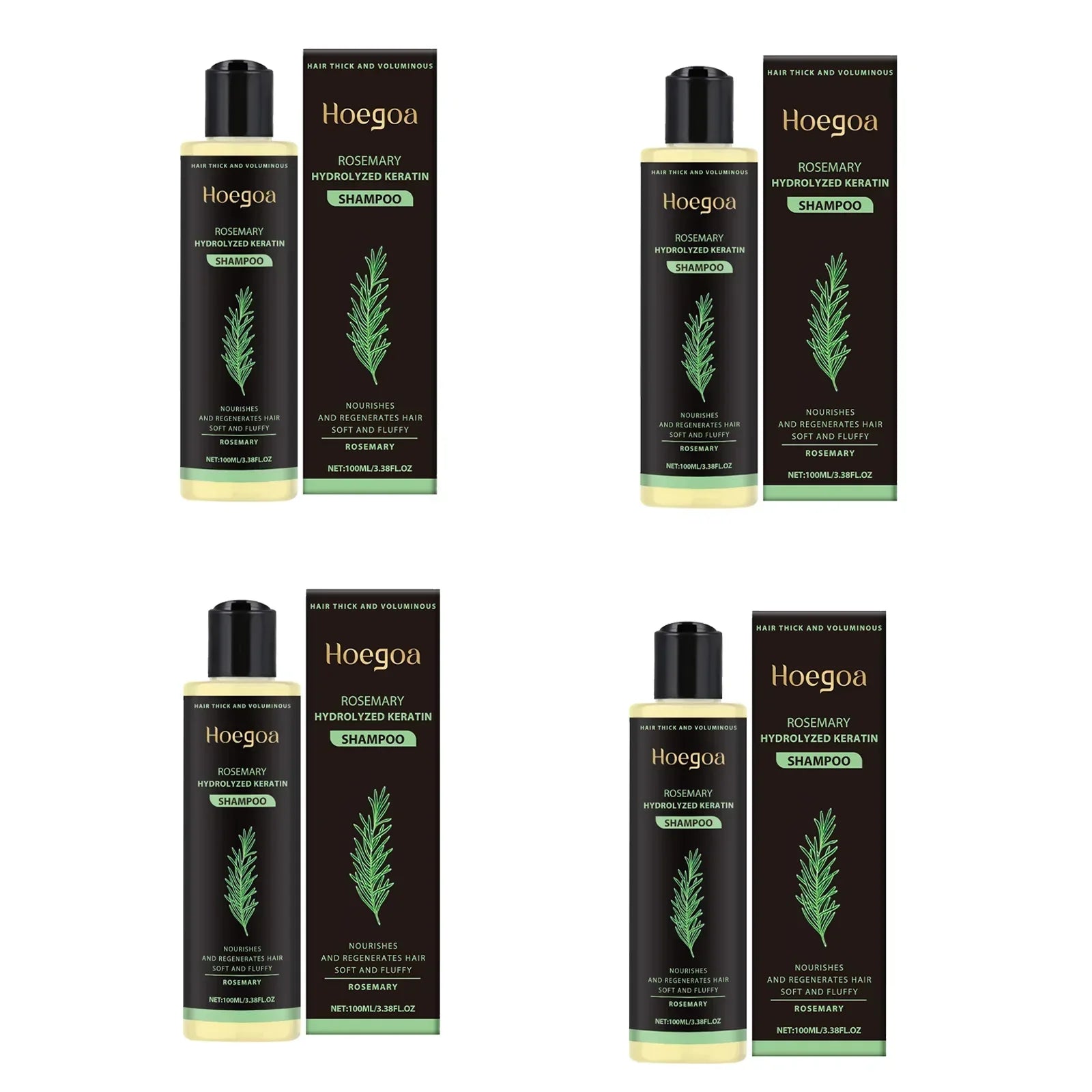 Serenzza Hoegoa Rosemary Hair Shampoo bottle showing volumizing, thickening, strengthening, and oil control features for healthy hair.