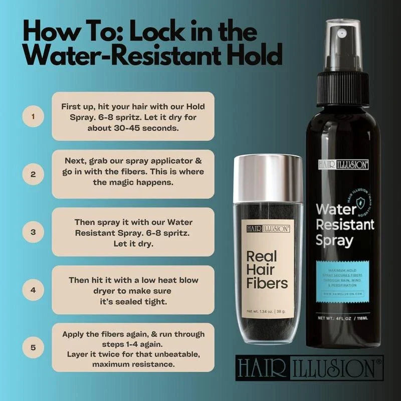 Serenzza Hair Illusion 100% real hair fibers combo with fibers, hold spray, water spray, and applicator for thinning hair concealment.