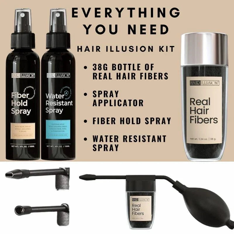 Serenzza Hair Illusion real hair fibers combo with fibers, hold spray, water spray, and applicator for thinning hair concealment.