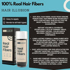 Serenzza Hair Illusion 100% real hair fibers combo with fibers, hold spray, water spray, and application tool for fuller hair.