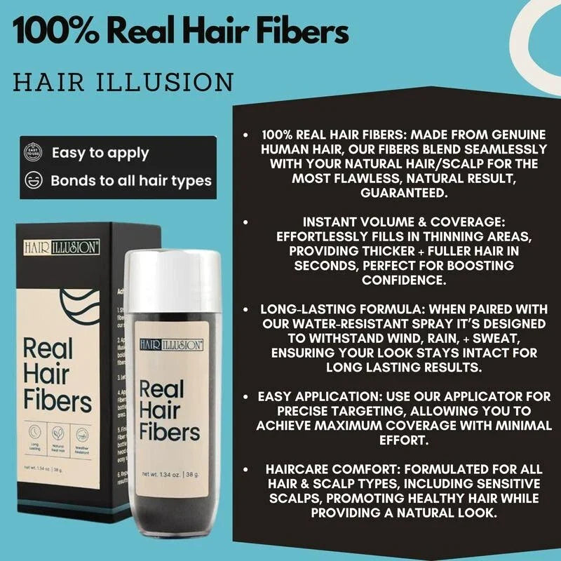Serenzza Hair Illusion 100% real hair fibers combo with fibers, hold spray, water spray, and application tool for fuller hair.