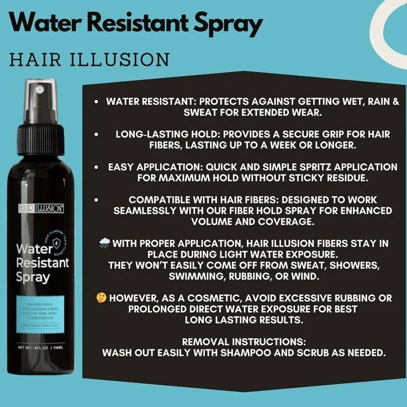 Serenzza Hair Illusion 100% real hair fibers combo with fibers, hold spray, water spray, and application tool for fuller hair appearance.