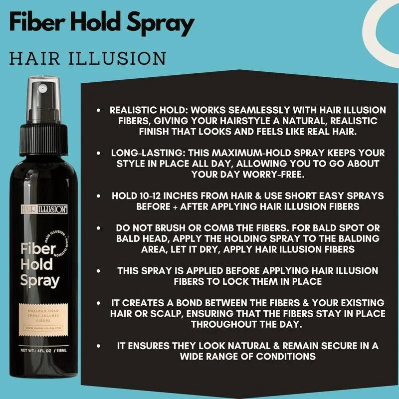 Serenzza Hair Illusion 100% real hair fibers combo with fibers, hold spray, water spray, and application tool for hair thickening.